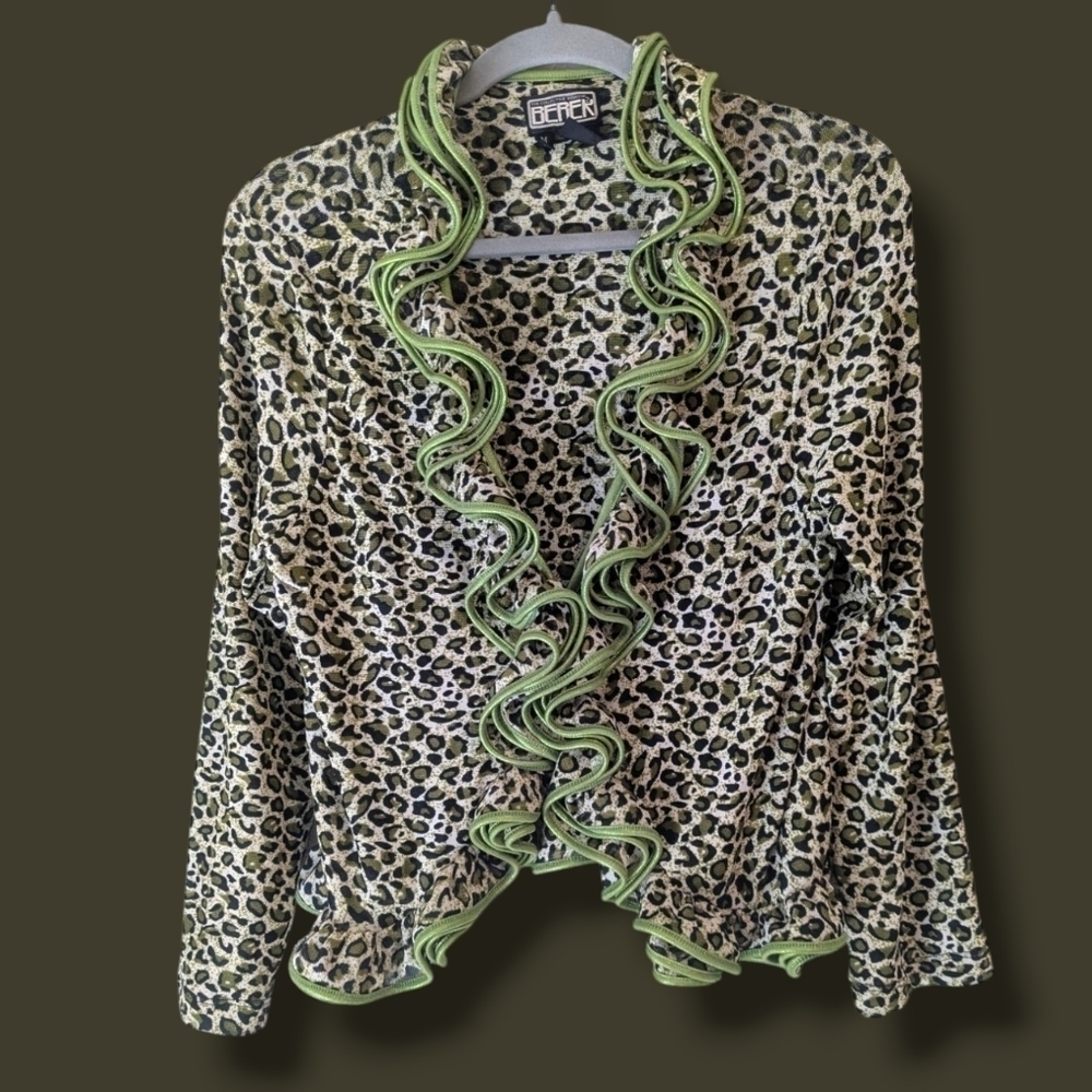 The Collective Works Of Berek Neon Green Leopard Print Ruffle Cardigan Retro Y2K